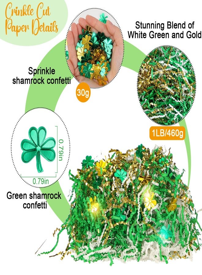 Moinchore 1 lb St Patrick's Day Crinkle Cut Paper Shred Filler with Clover Confetti Metallic White Green Gold Mix Basket Filler shredded paper for gift baskets Raffia Tissue Cushion for Box Packaging - Image 2
